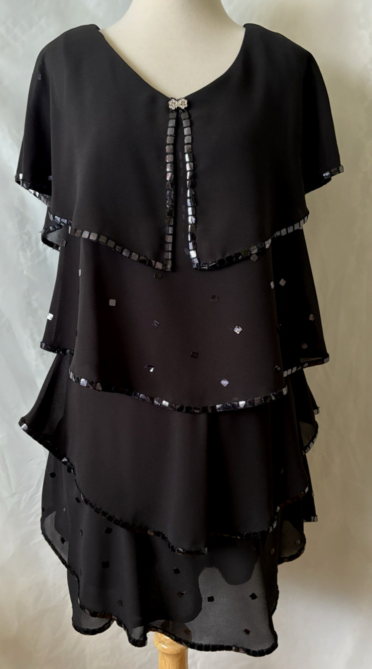 Karina Women Black Cocktel Dress Sz 10 Rufle Sequined Beaded A-line Flutter